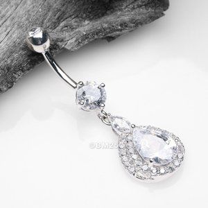 14 Karat White Gold Triple Tiered Magnificent Sparkles Teardrop Belly Ring